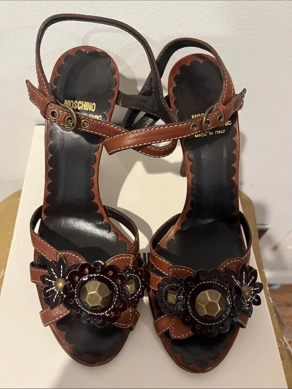Moschino Brown Floral Applique Leather Heels